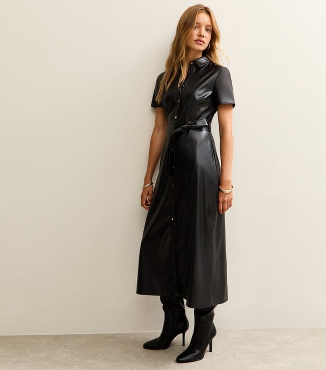 New Look Women's Black Faux Leather Short Sleeve Midi Shirt Dress New Look - 3