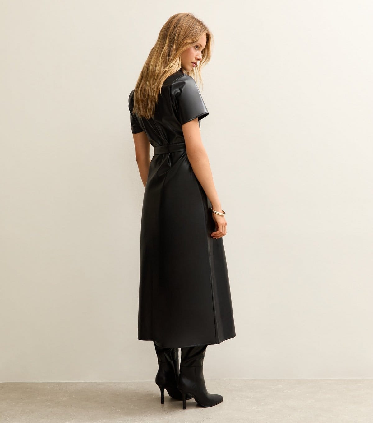 New Look Women's Black Faux Leather Short Sleeve Midi Shirt Dress New Look - 4