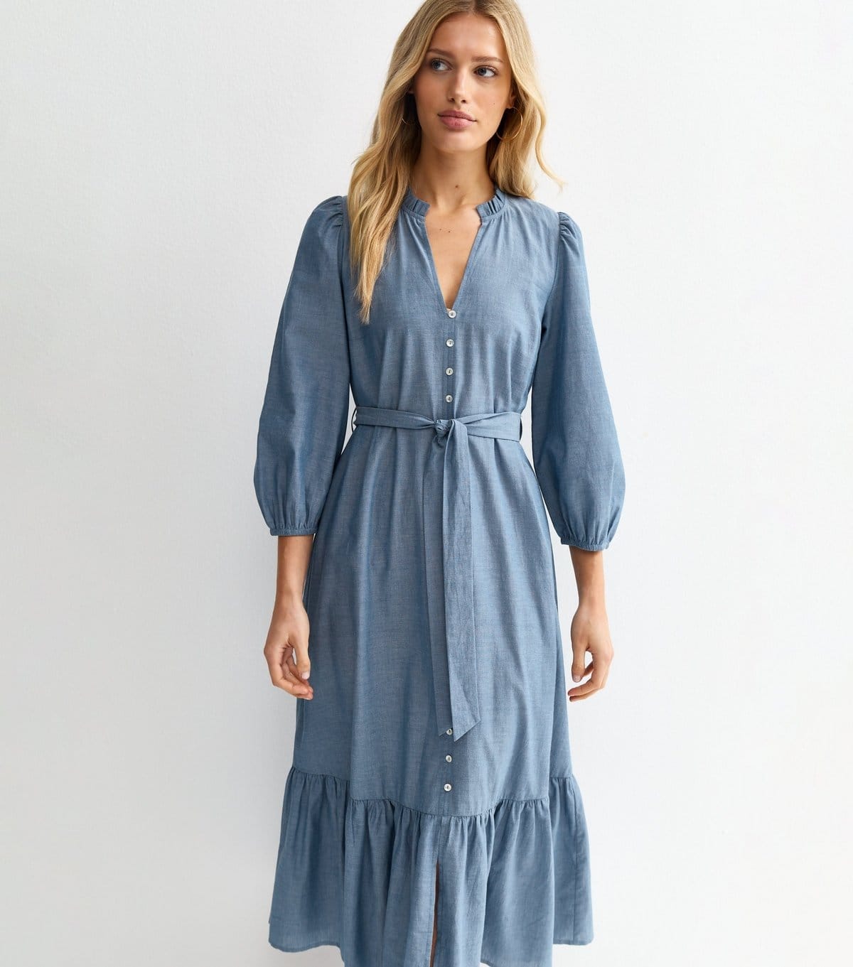 New Look Light Blue Chambray Grandad Neck Midi Dress