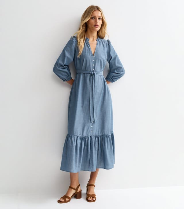 New Look Women's Light Blue Chambray Grandad Neck Midi Dress New Look - 2