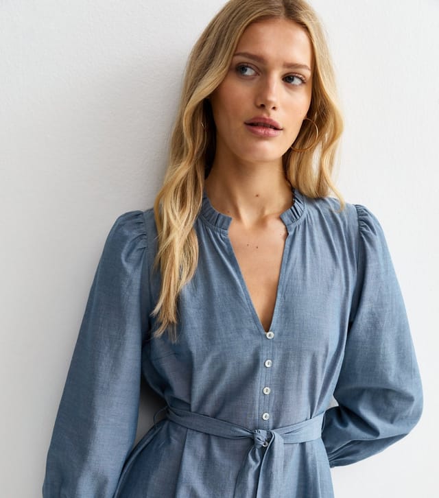 New Look Women's Light Blue Chambray Grandad Neck Midi Dress New Look - 3