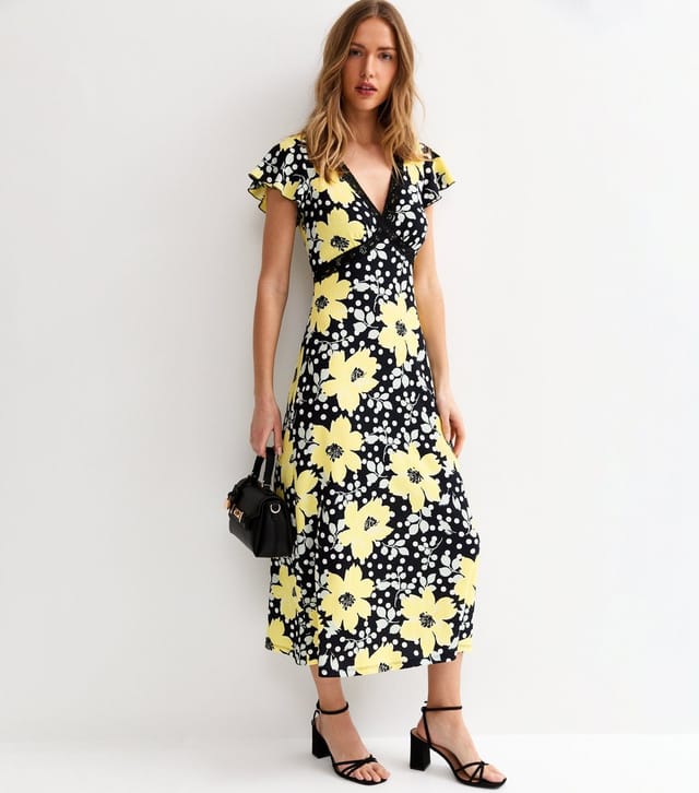 New Look Women's Yellow Floral Print Lace Trim Flutter Sleeve Dress New Look - 2