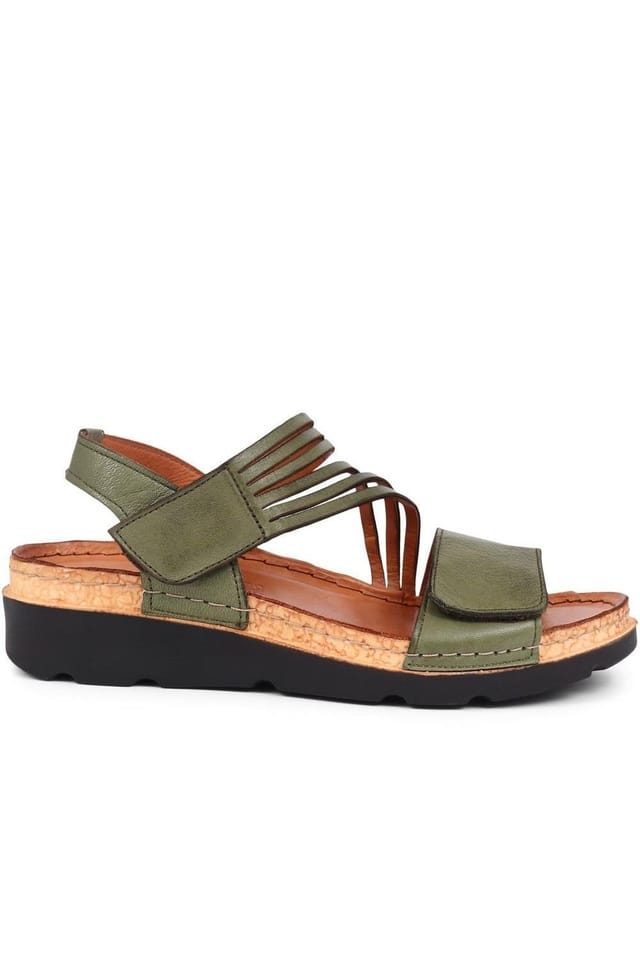 Pavers Pavers Women's Adjustable Fasten Leather Sandals in Olive - 2