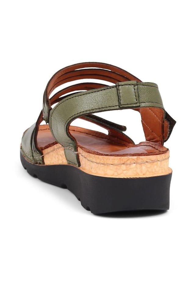 Pavers Pavers Women's Adjustable Fasten Leather Sandals in Olive - 3