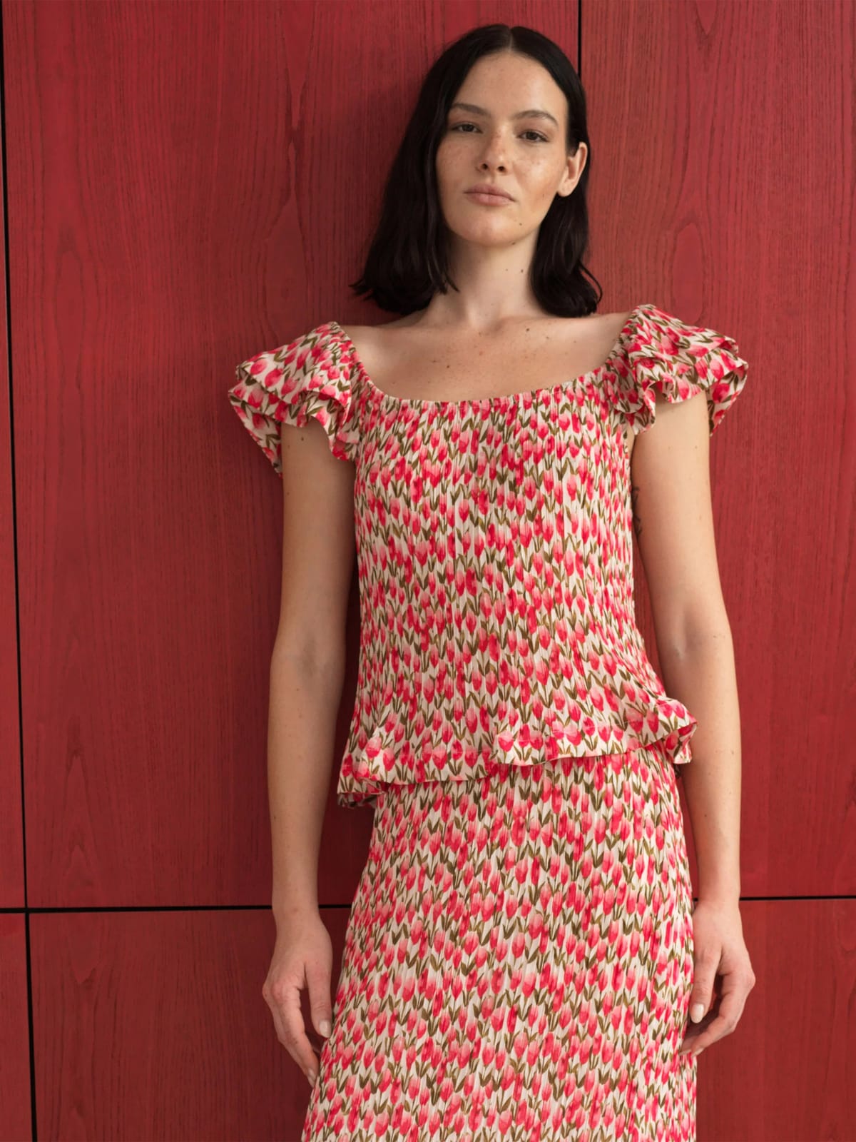 French Connection Noelle Floral Plisse Ruffle Peplum Top Pink Multicolour - 1