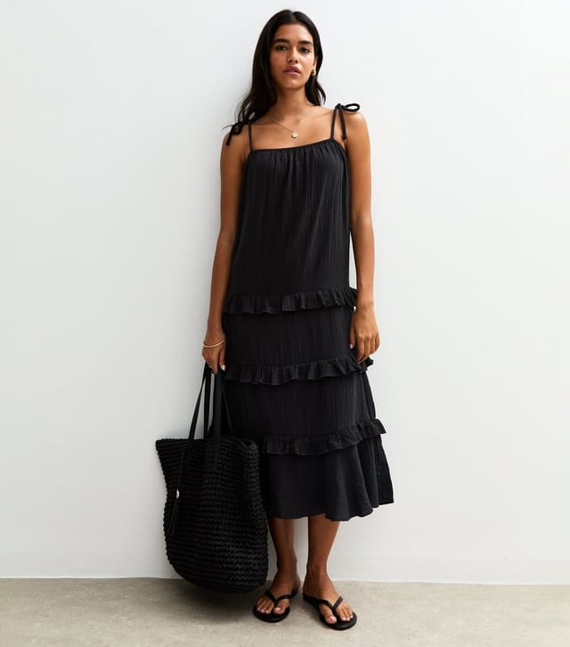 New Look Women's Black Crinkled Frilly Trim Midi Dress New Look - 3