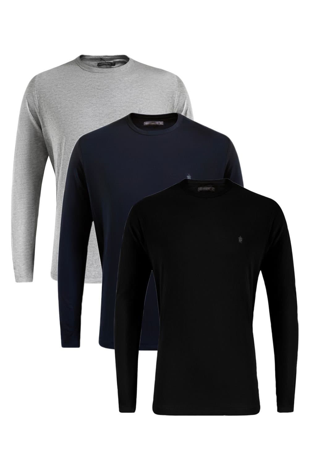French Connection French Connection Men's 3 Pack Cotton Crew Neck Long Sleeve T-Shirts in Black