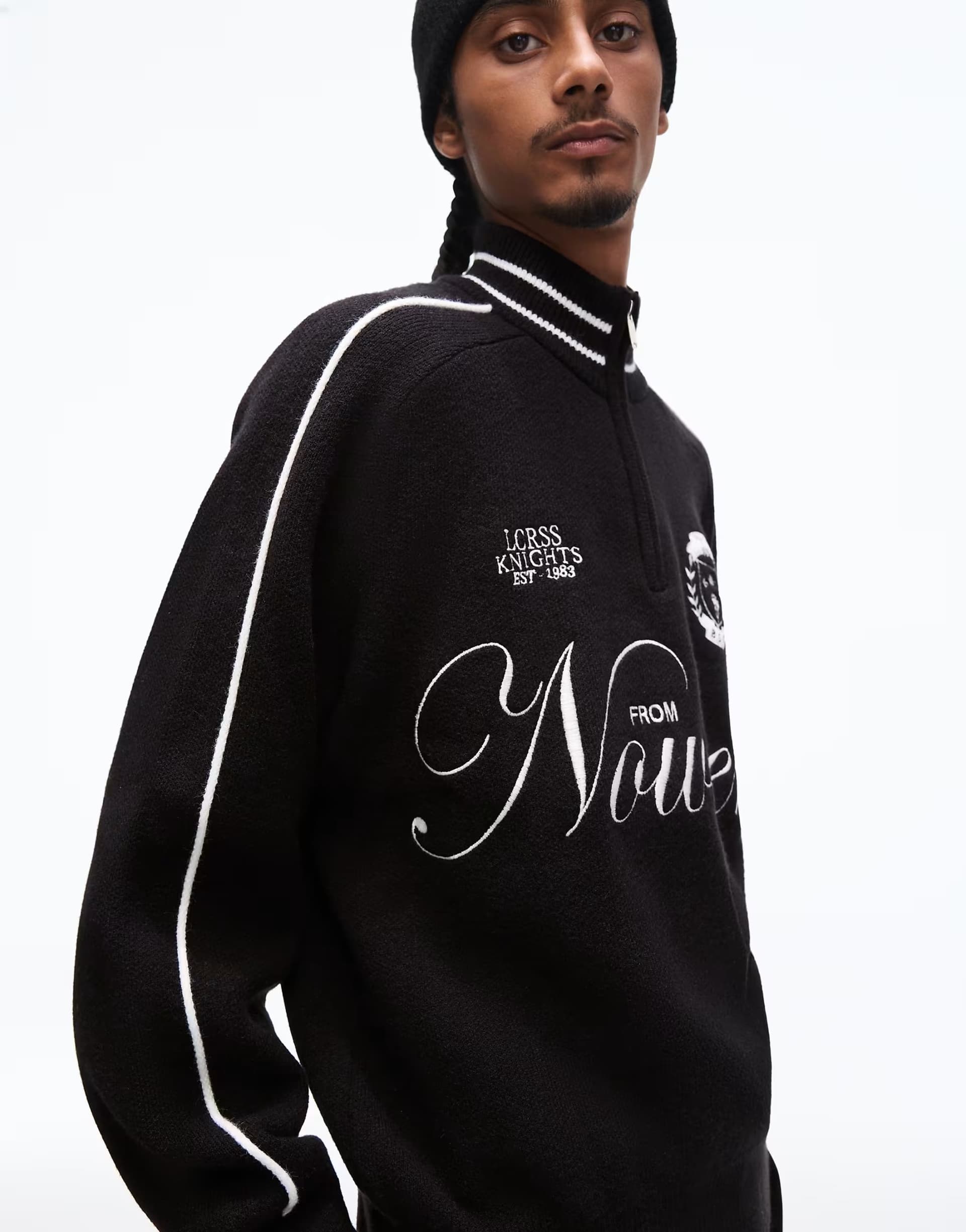 ASOS Bershka Embroidered quarter-zip jumper in black