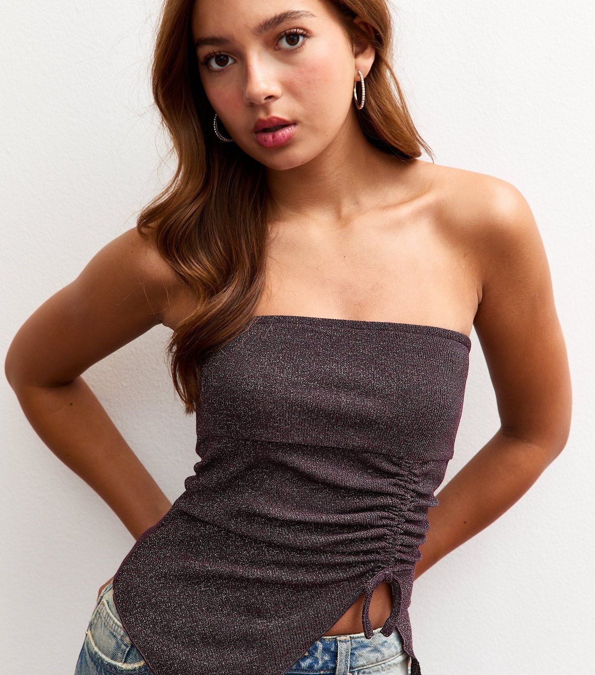 New Look Girls' Dark Burgundy Sparkle Bandeau Top New Look - 2