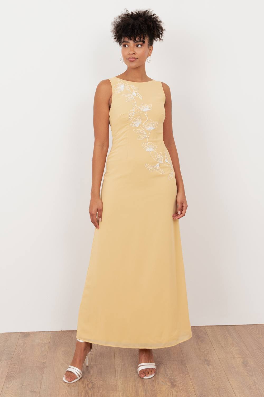 Maya Deluxe Maya Deluxe Women's Floral Embroidery Cowl Back Maxi Dress in Yellow - 3