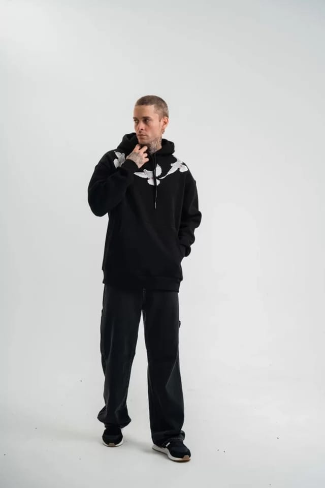 Janes Janes Men's Hooded Oversized Printed Sweatshirt with Pocket in Black - 3