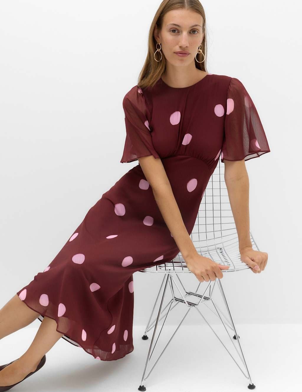 Marks & Spencer M&S Chiffon Spot Print Midi Waisted Dress Red Mix