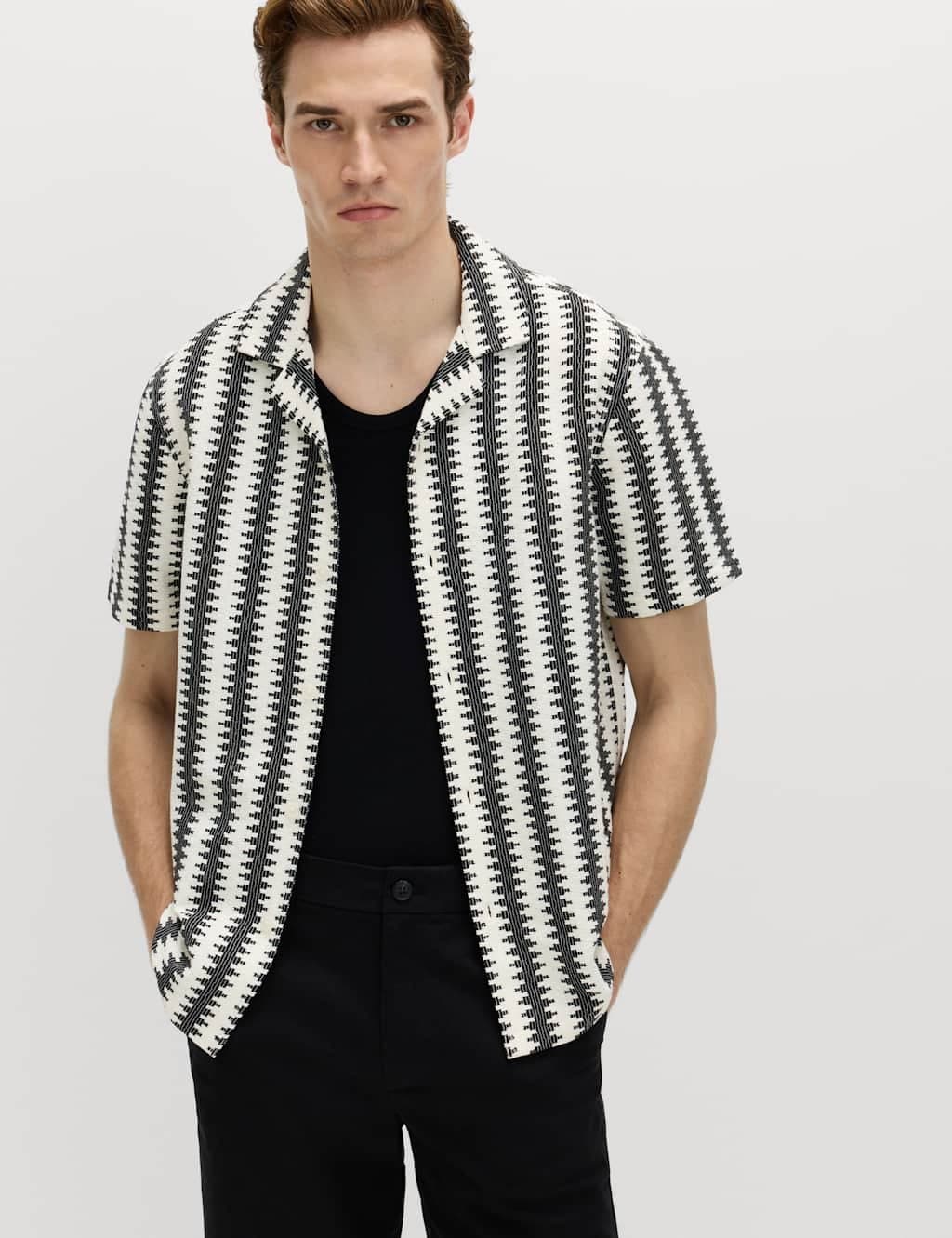 Marks & Spencer M&S Regular Fit Cotton Blend Short Sleeve Shirt Black Mix