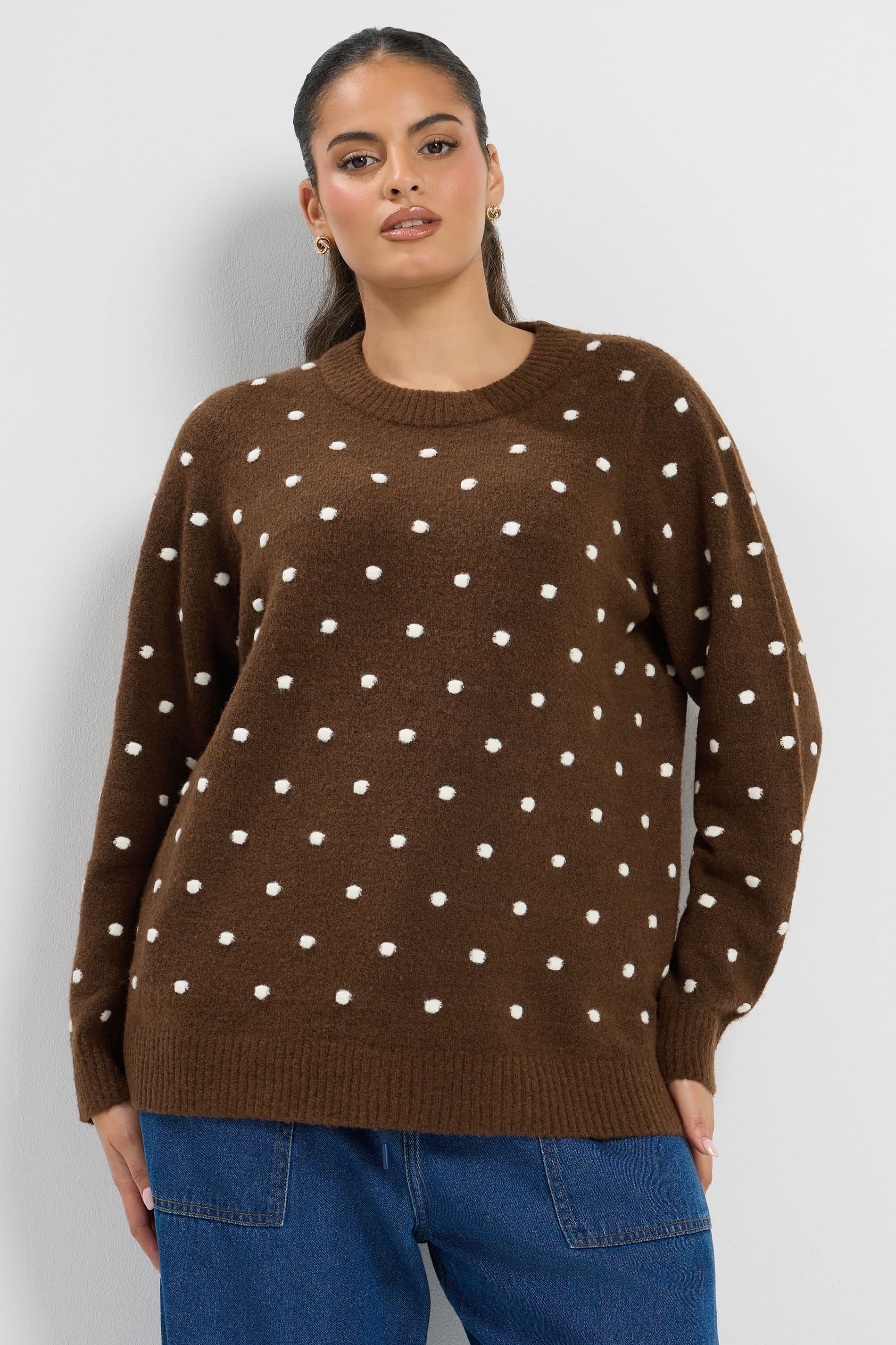 Yours Plus Size Brown Polka Dot Knitted Jumper