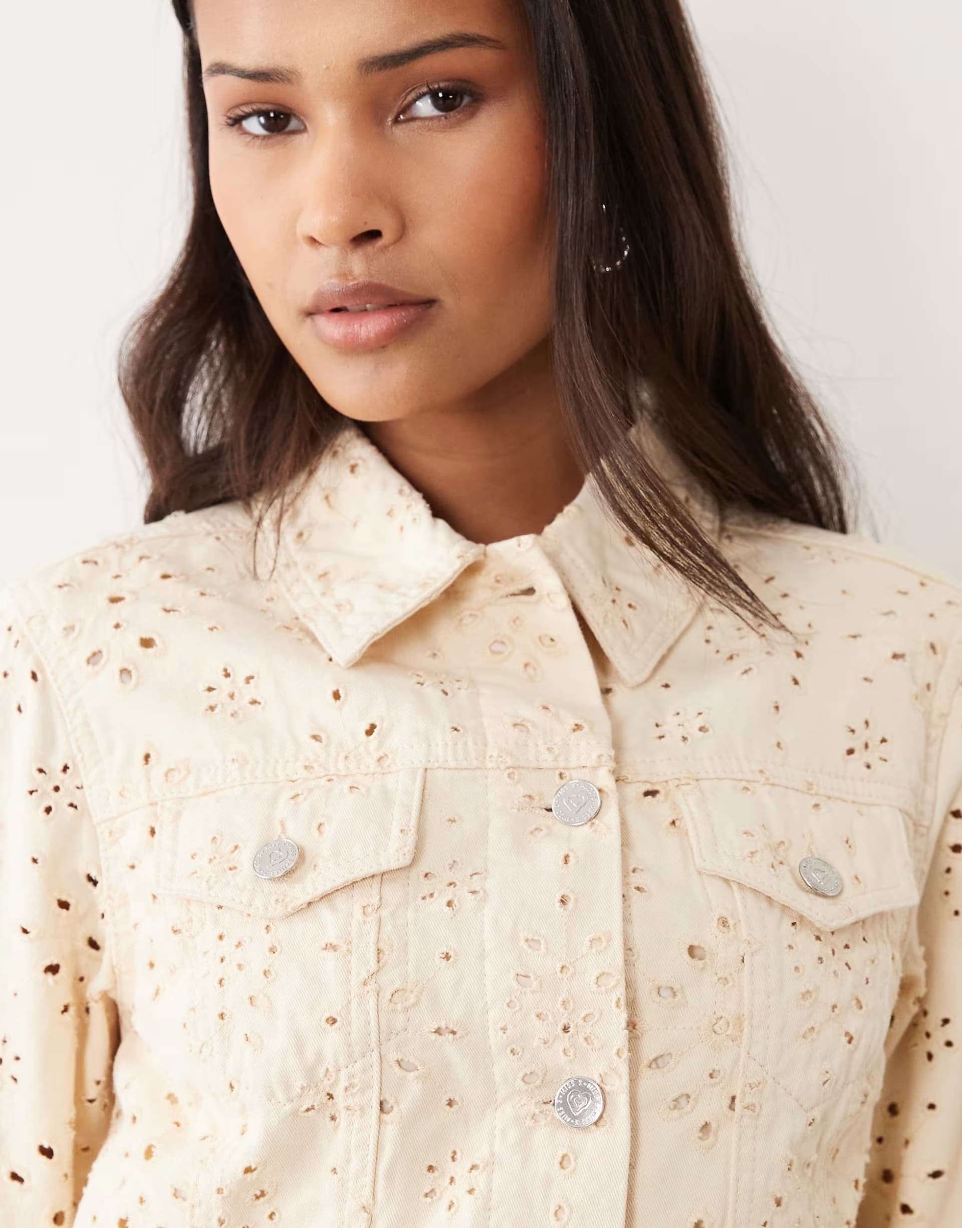 ASOS Miss Selfridge broderie denim co-ord in buttermilk wash