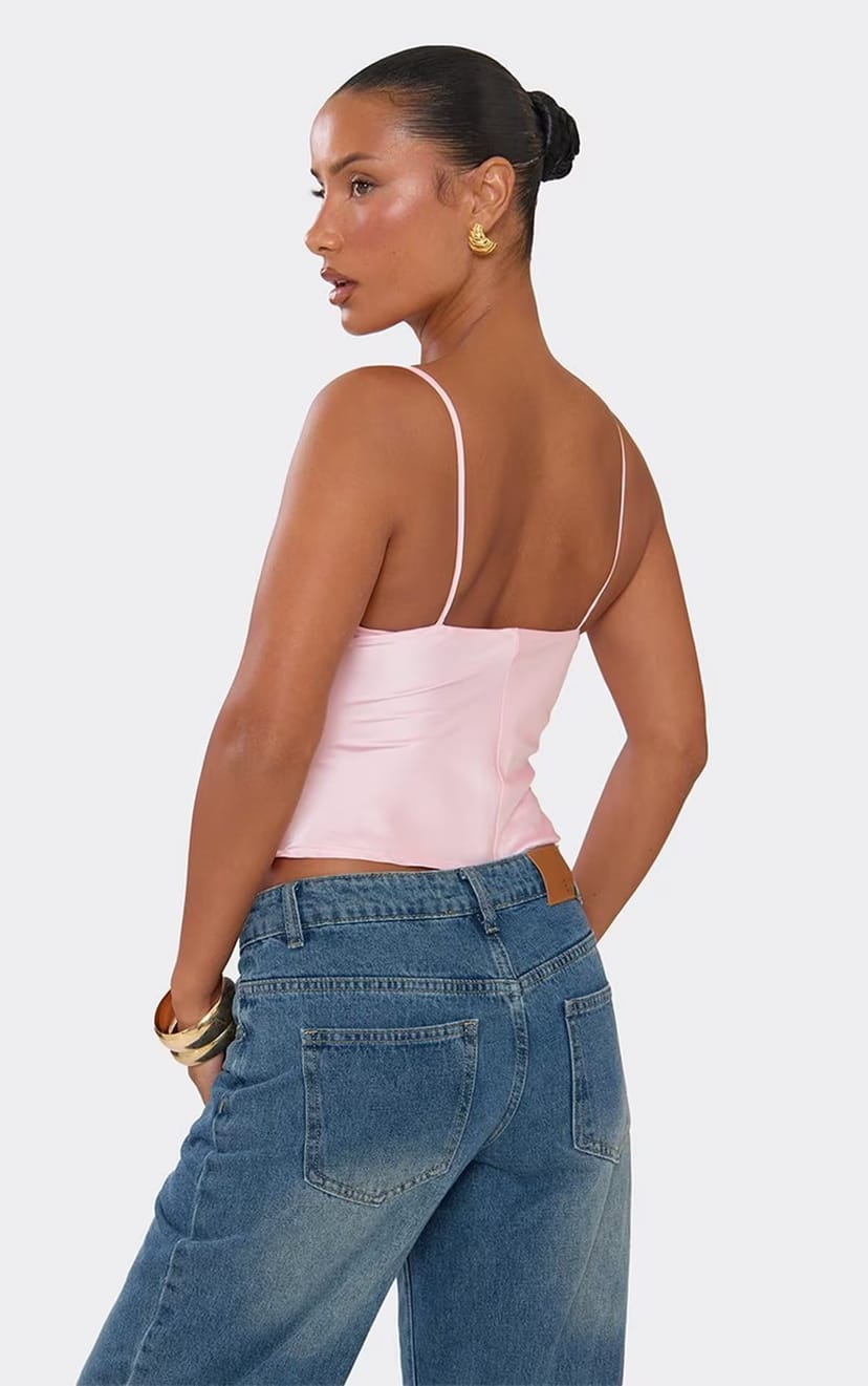 EGO Strappy Cup Detail Top In Pink Satin, Women's Size UK 6 - 1