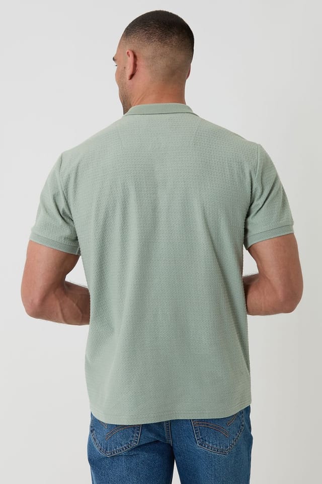 Threadbare Threadbare Men's Textured Cotton Quarter Zip Polo Shirt in Pale Green - 2