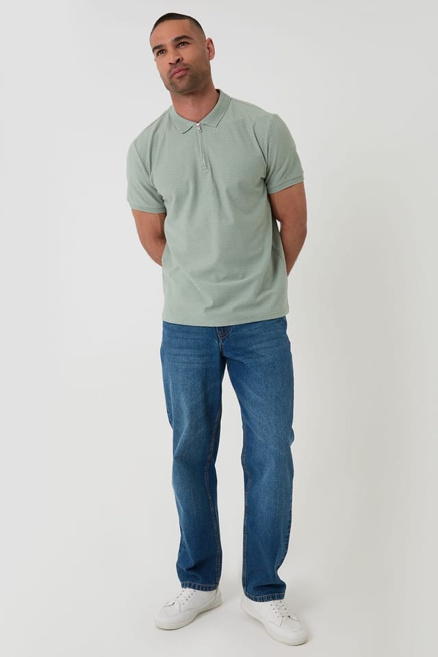 Threadbare Threadbare Men's Textured Cotton Quarter Zip Polo Shirt in Pale Green - 3