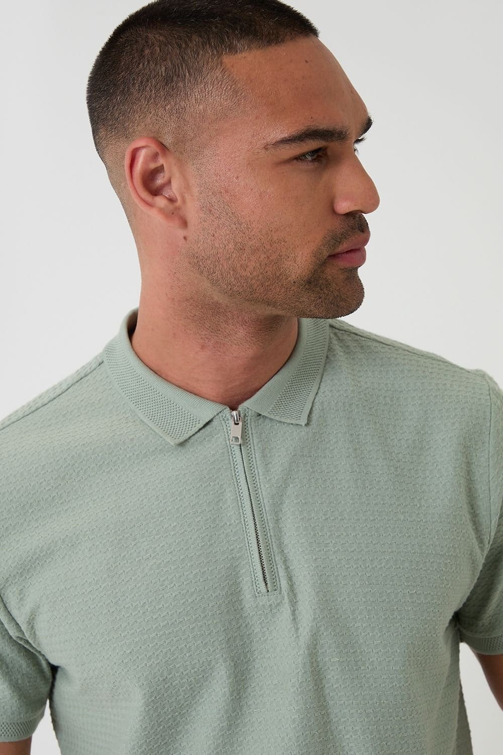 Threadbare Threadbare Men's Textured Cotton Quarter Zip Polo Shirt in Pale Green - 4