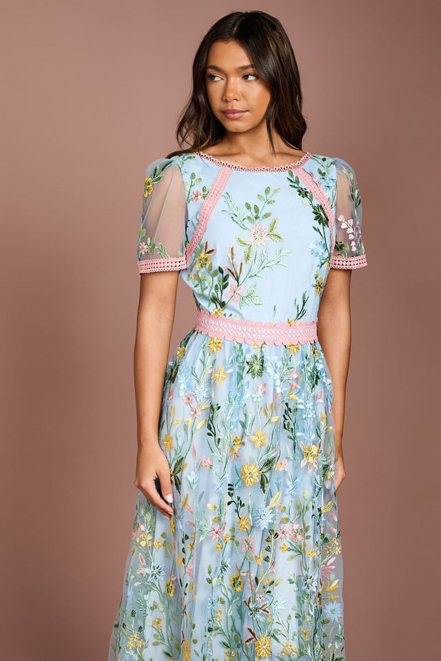 Coast Coast Women's Lace Trim Detail Embroidered Mesh Midi Dress in Yellow - 2