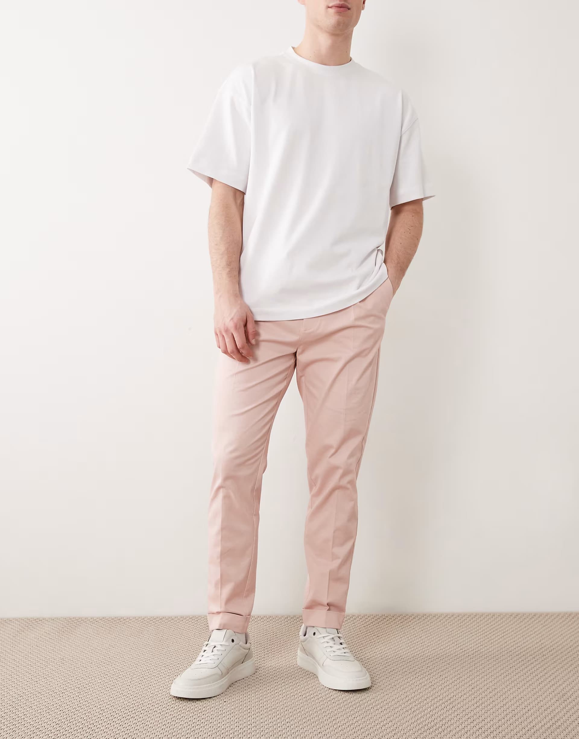 ASOS ASOS DESIGN smart cotton rich tapered chino trousers in pink with turnup