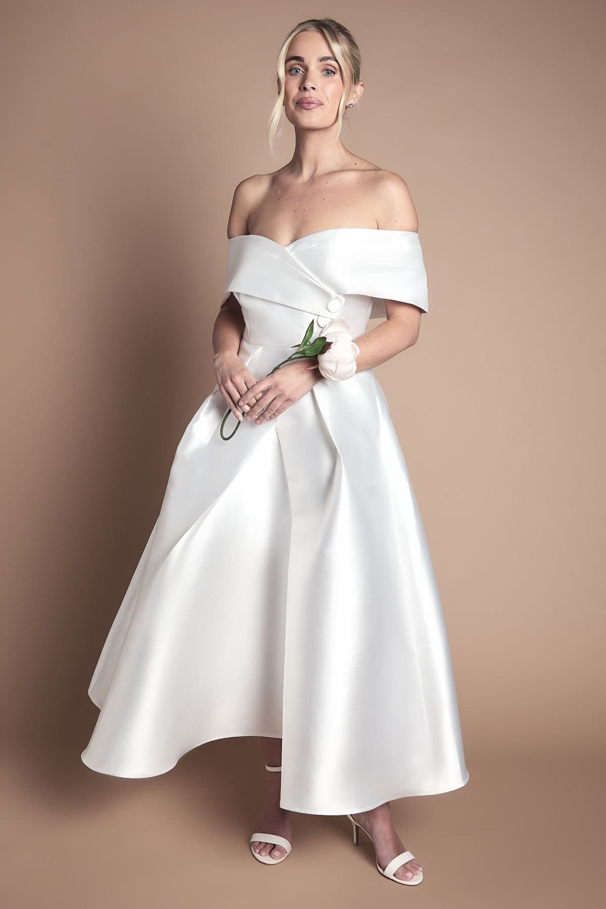 Coast Coast Women's Lisa Tan Petite Twill Bardot Waisted Midi Wedding Dress in Ivory