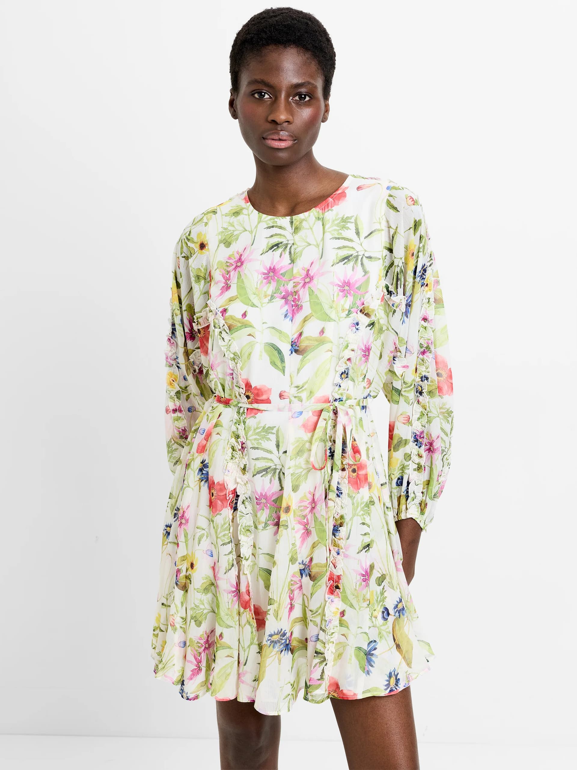 French Connection Monica Godet Flippy Dress Porcelain Cream Multi