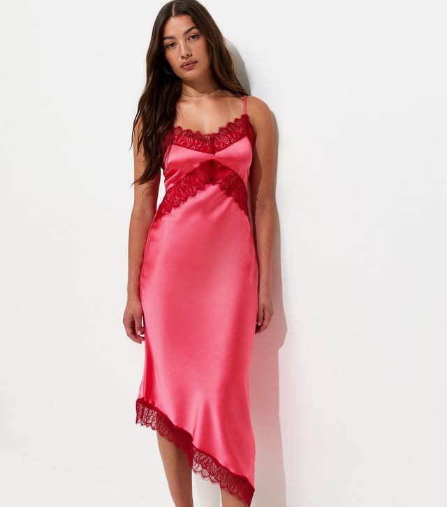 New Look Women's Bright Pink Satin Strappy Asymmetric Midi Dress New Look - 3