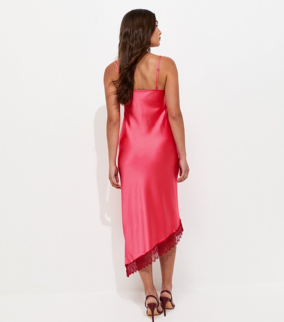 New Look Women's Bright Pink Satin Strappy Asymmetric Midi Dress New Look - 4