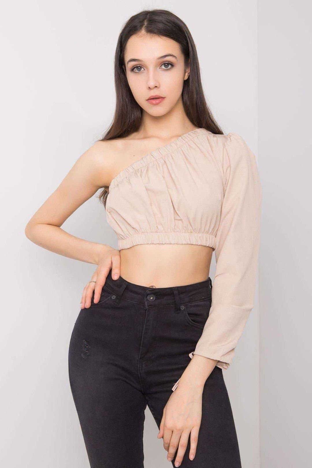 Love Lace Love Lace Women's Asymmetrical Neck Long Sleeve Casual Blouse in Beige