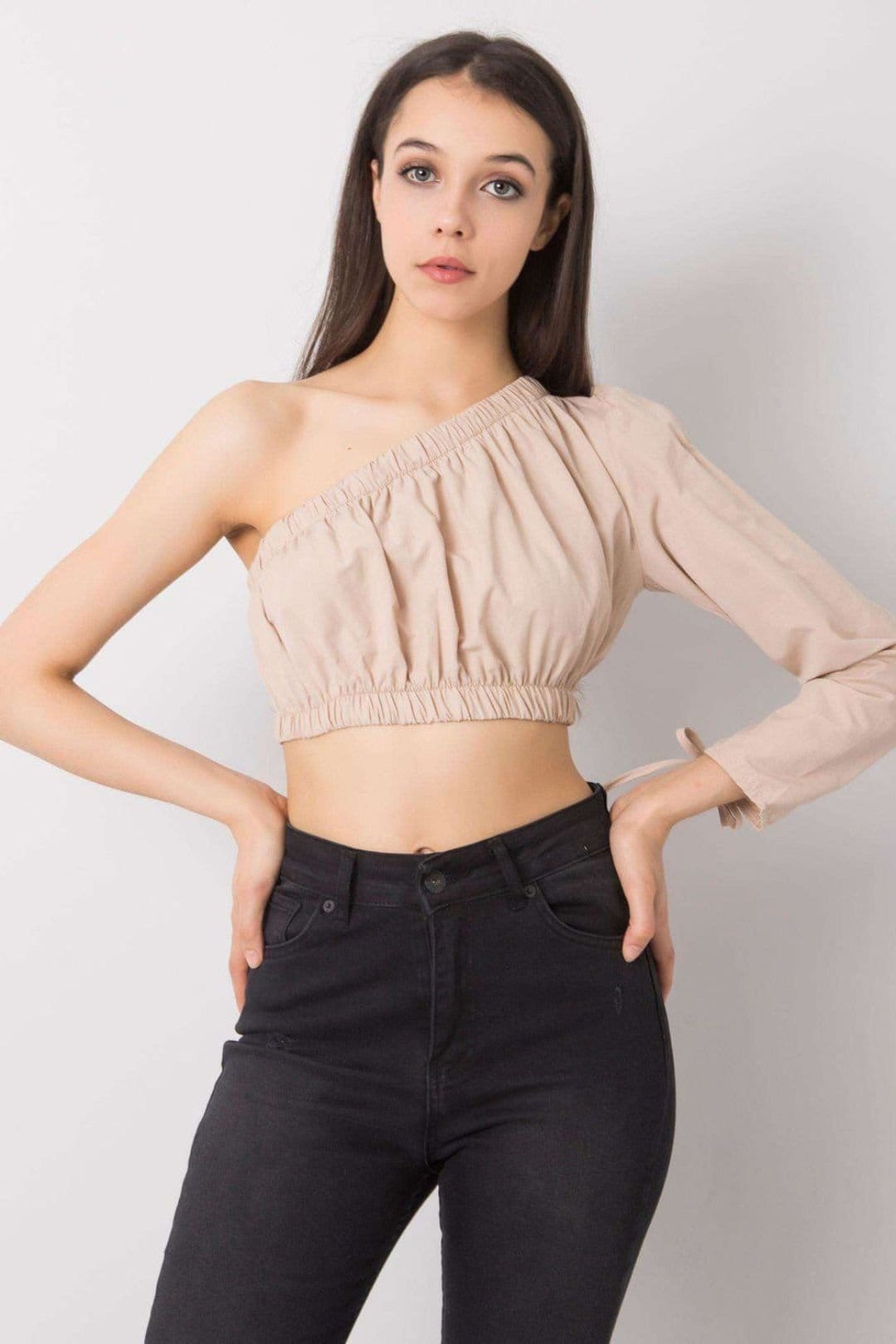 Love Lace Love Lace Women's Asymmetrical Neck Long Sleeve Casual Blouse in Beige - 4