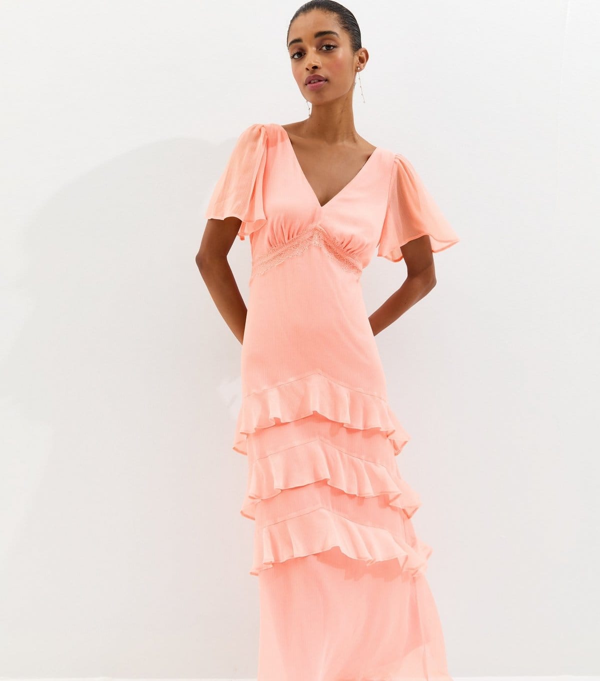 New Look Light Coral Chiffon Lace Tea Maxi Dress
