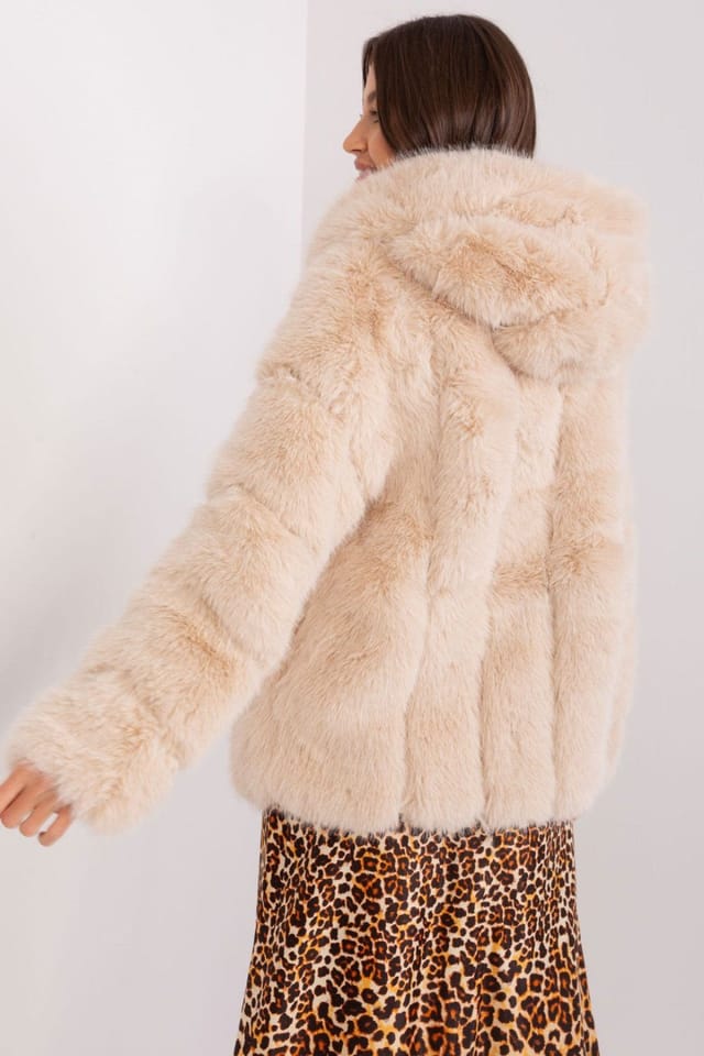 Love Lace Love Lace Women's Elegant Hooded Fur Jacket Transitional Wear in Beige - 3