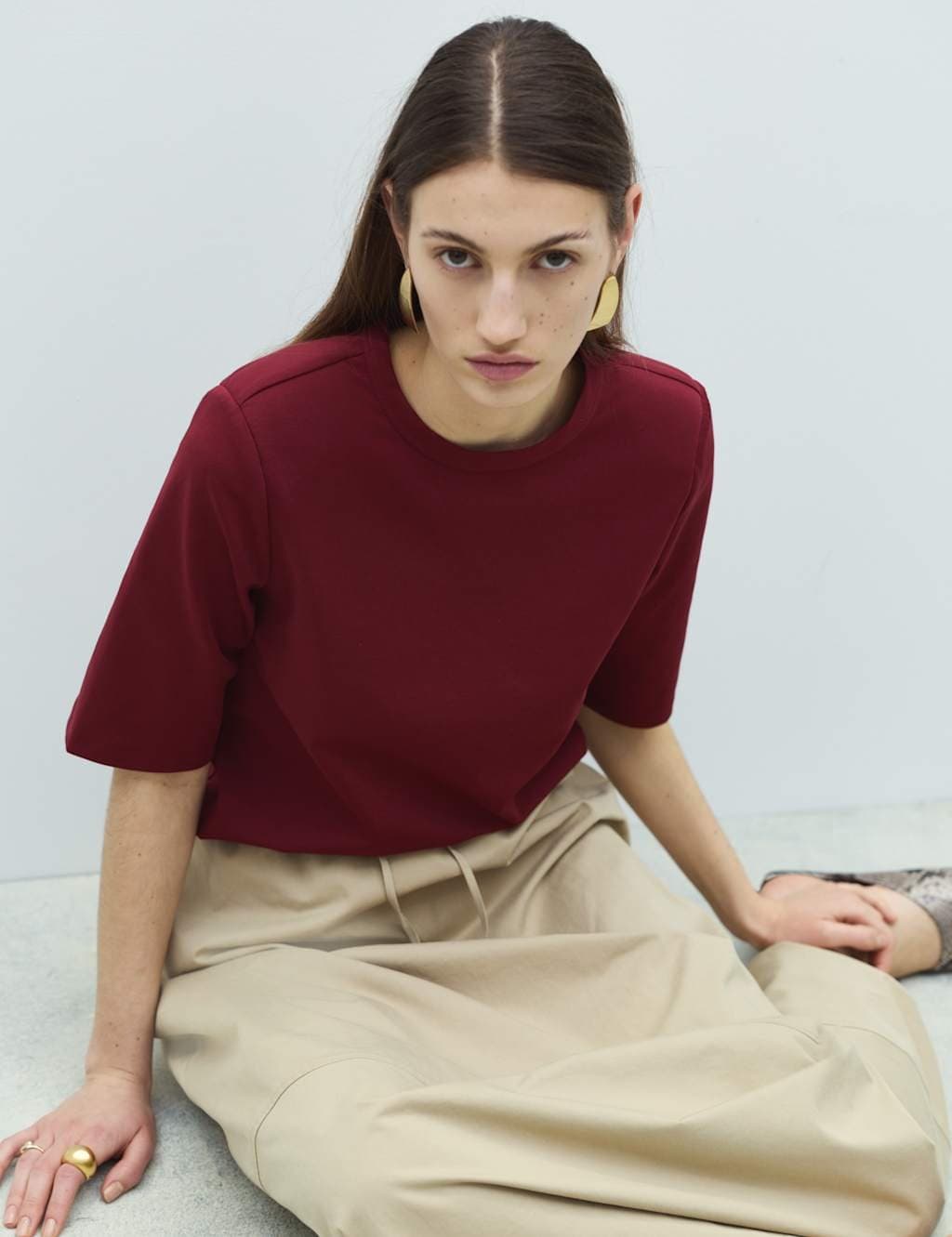 Marks & Spencer M&S Cotton Rich Padded Shoulder T-Shirt in Wine