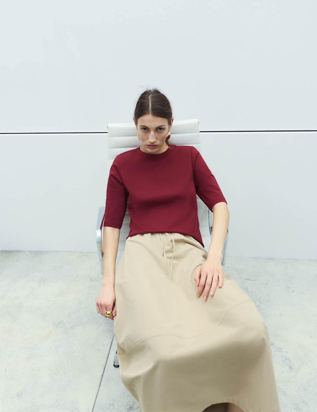 Marks & Spencer M&S Cotton Rich Padded Shoulder T-Shirt Wine - 3