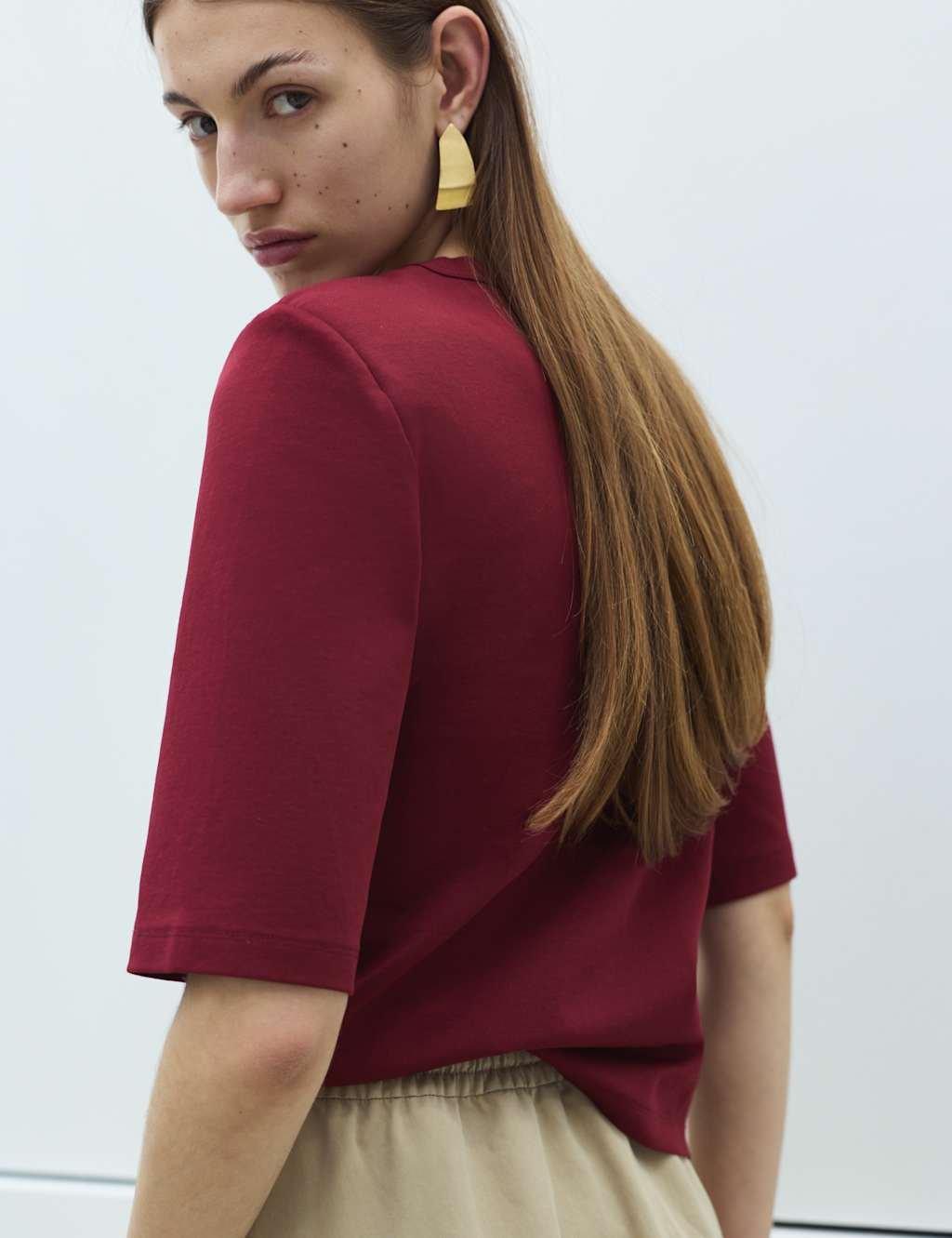 Marks & Spencer M&S Cotton Rich Padded Shoulder T-Shirt Wine - 4