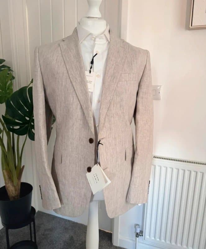 John Lewis John Lewis Men’s Beige Linen Summer Suit Size 44R W38S Cambridge Range Wedding Party Races