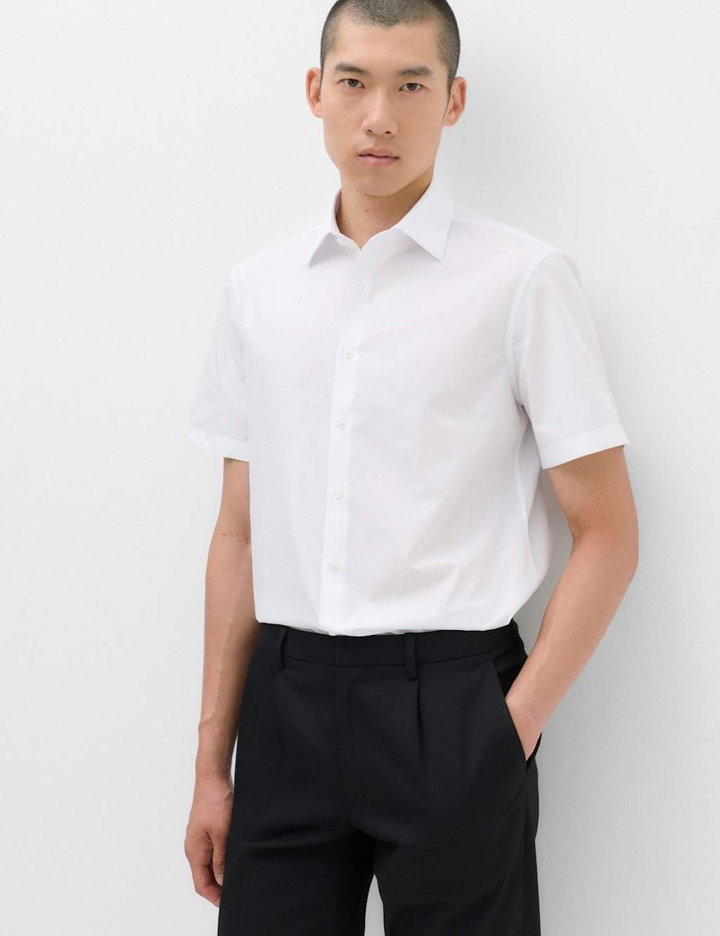Marks & Spencer M&S Slim Fit Easy Iron Cotton Blend Short Sleeve Shirt White