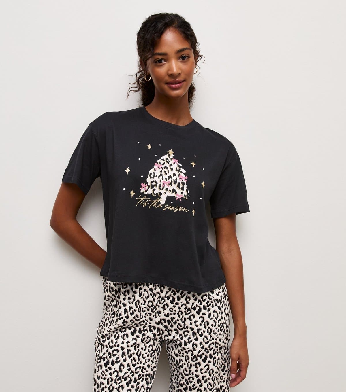 New Look Women's Black Cotton Christmas Tree Leopard Print Pyjama Set New Look