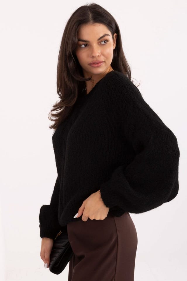 Love Lace Love Lace Women's Textured Puff Sleeve Loose Knit Sweater in Black - 2