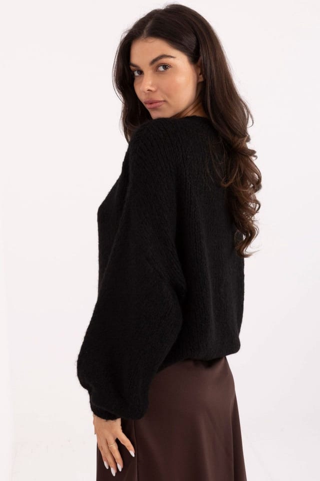 Love Lace Love Lace Women's Textured Puff Sleeve Loose Knit Sweater in Black - 3