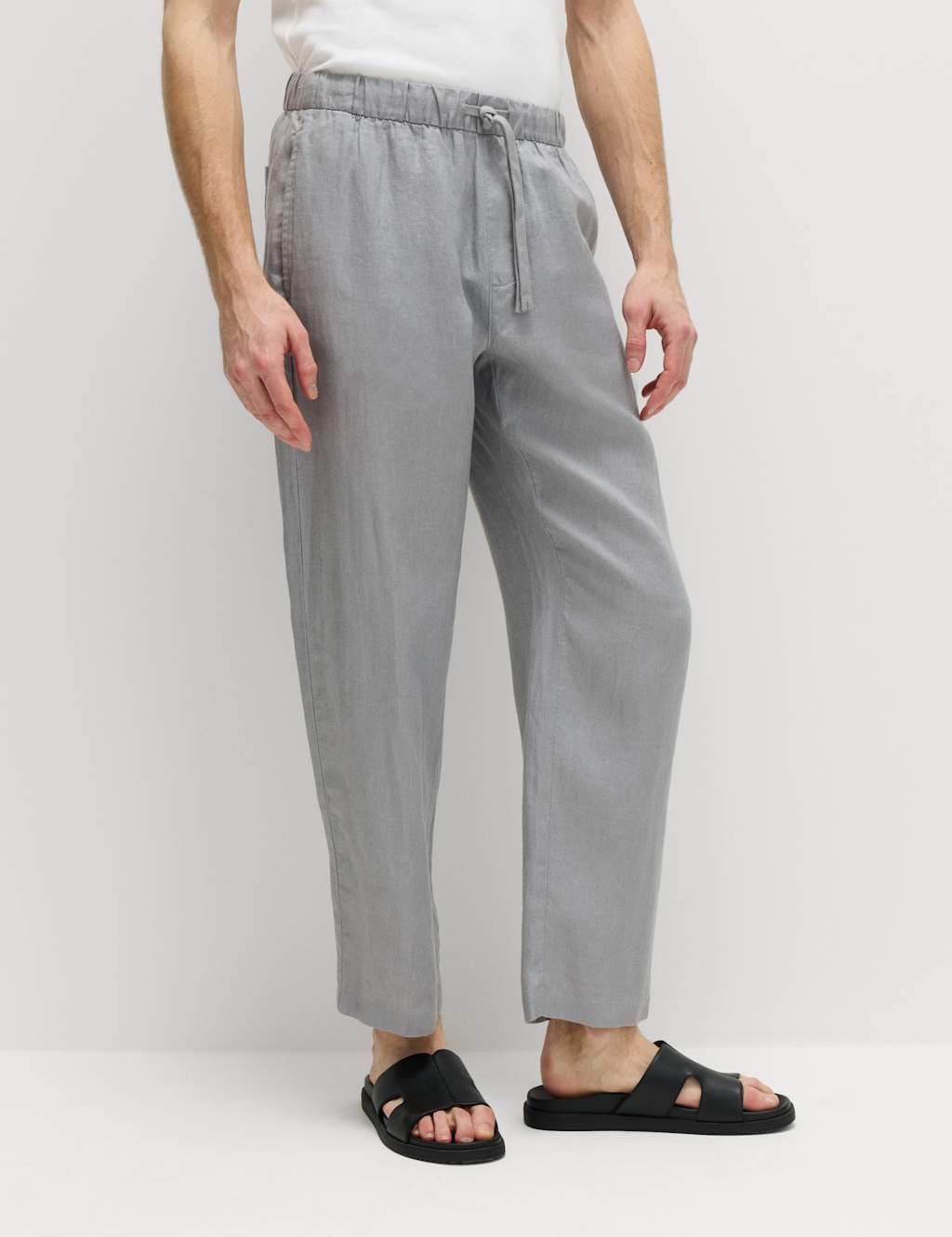 Marks & Spencer M&S Loose Fit Pure Linen Elasticated Waist Trousers Chrome