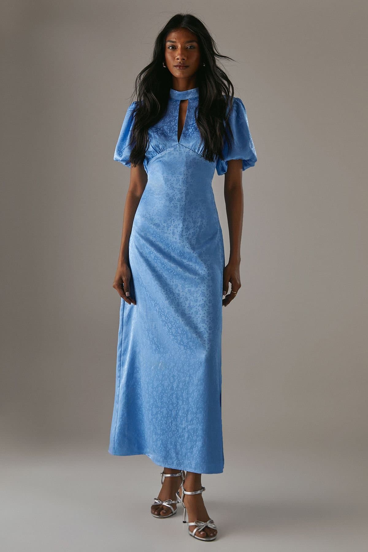 Warehouse Warehouse Women's Rose Satin Jacquard Puff Sleeve Tie Back Midi Dress in Blue