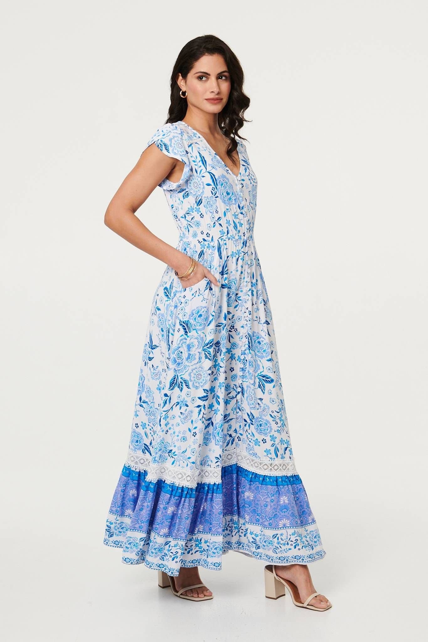 Izabel London Izabel London Women's Floral Border Cap Sleeve Maxi Dress in Blue