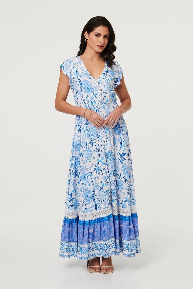 Izabel London Izabel London Women's Floral Border Cap Sleeve Maxi Dress in Blue - 2
