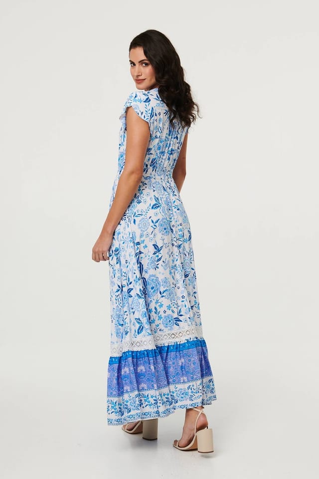 Izabel London Izabel London Women's Floral Border Cap Sleeve Maxi Dress in Blue - 3