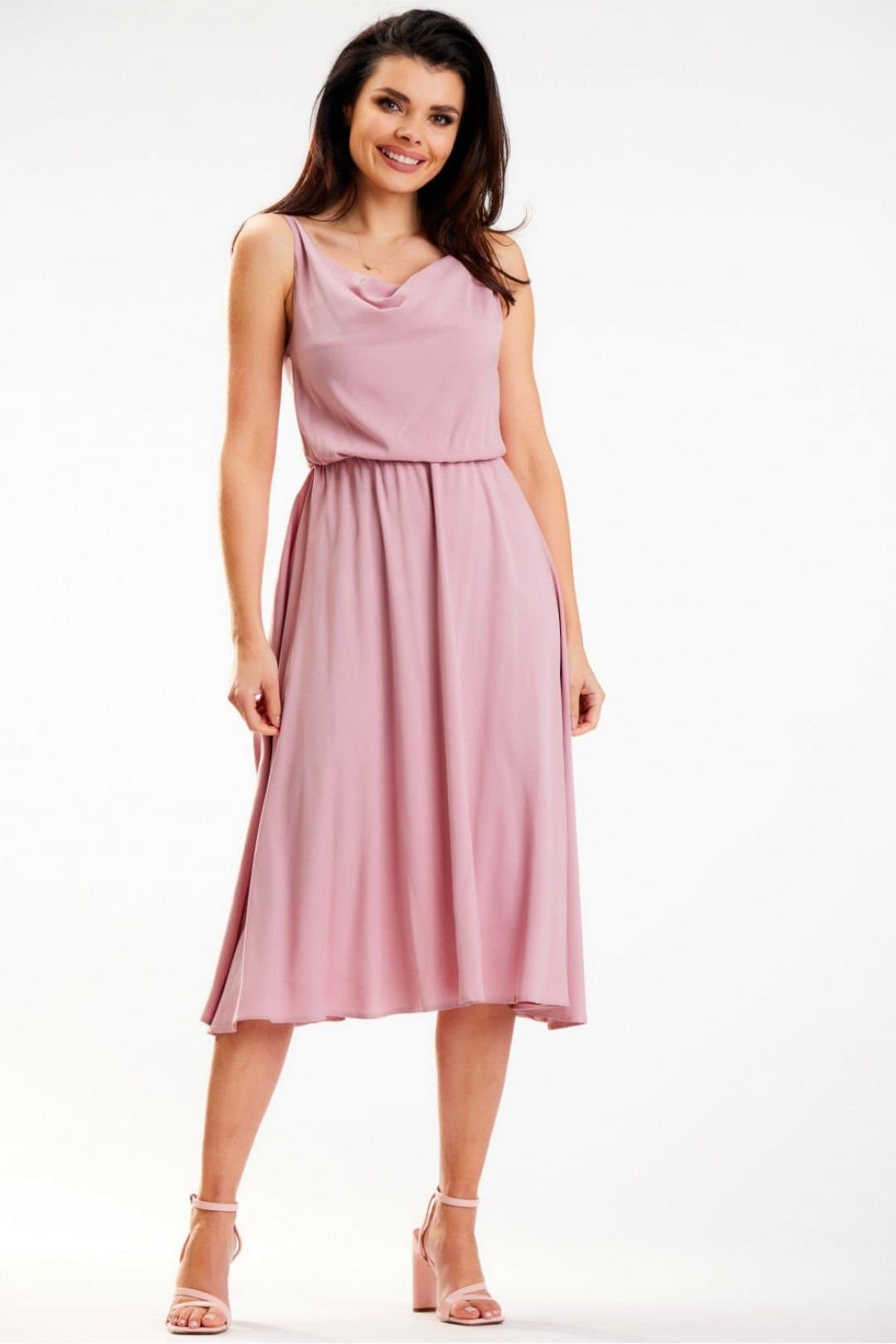 Love Lace Love Lace Women's Elegant Crinkled Neck Midi Dress With Thin Straps in Pink