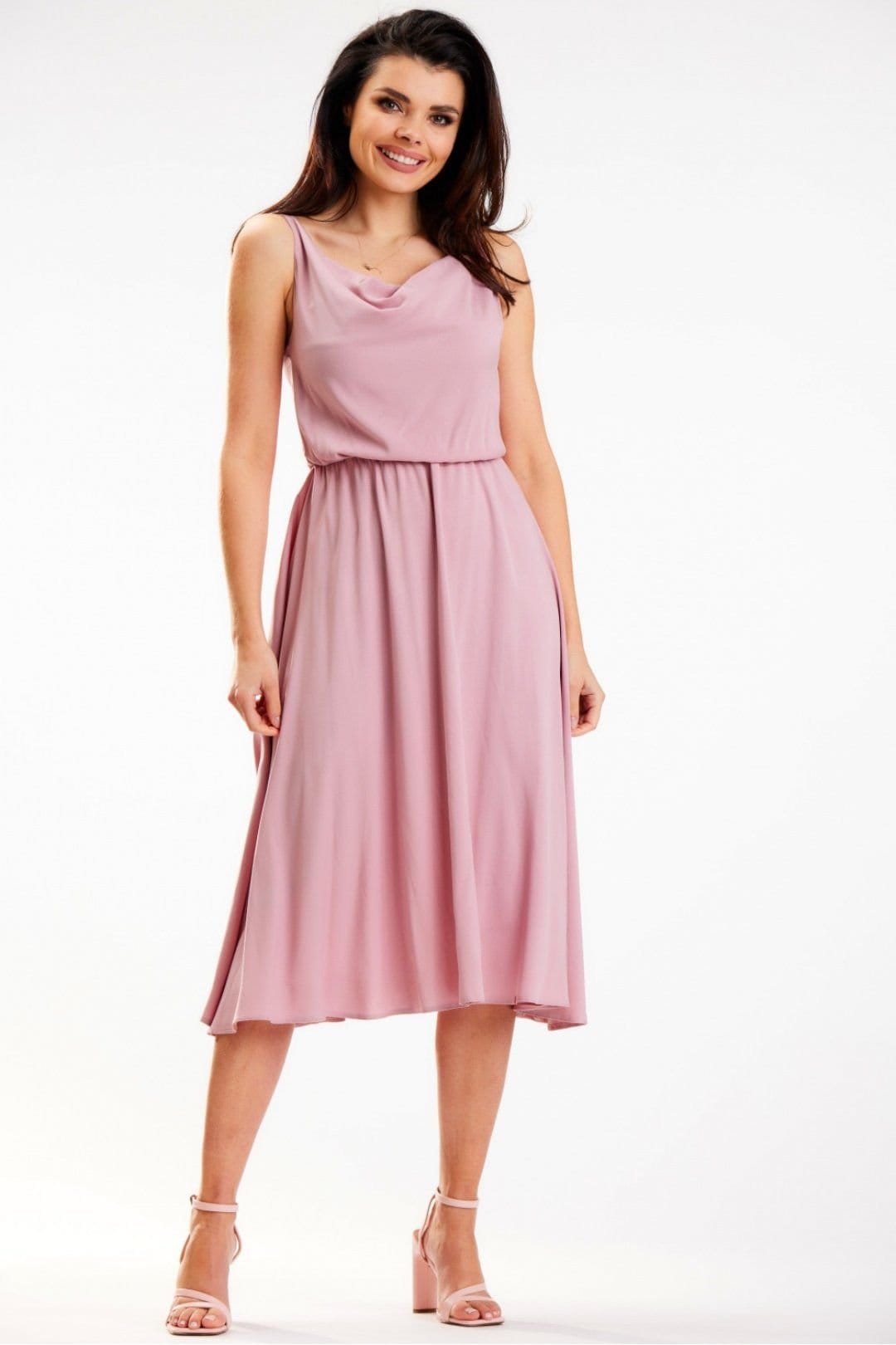 Love Lace Pink Crinkled Neck Midi Dress with Thin Straps