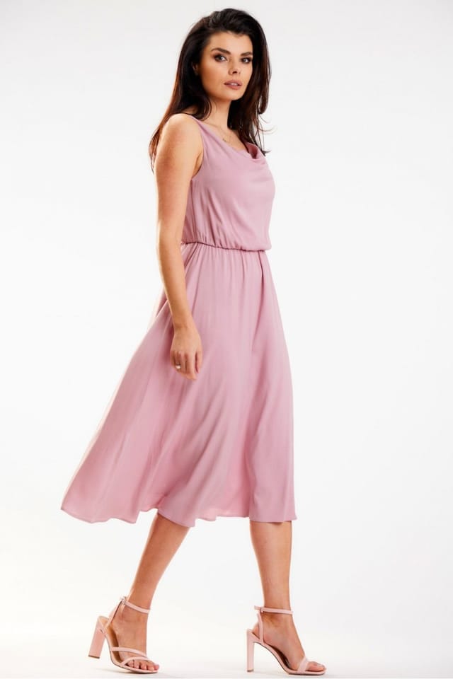 Love Lace Love Lace Women's Elegant Crinkled Neck Midi Dress With Thin Straps in Pink - 2