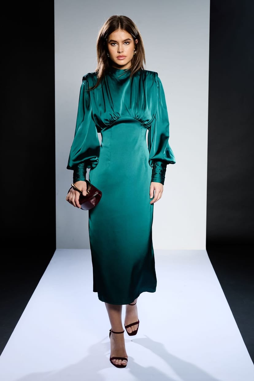 RUNWAY 1.8.1.8 RUNWAY 1.8.1.8 Women's High Neck Long Sleeve Satin Midi Dress in Green - 1